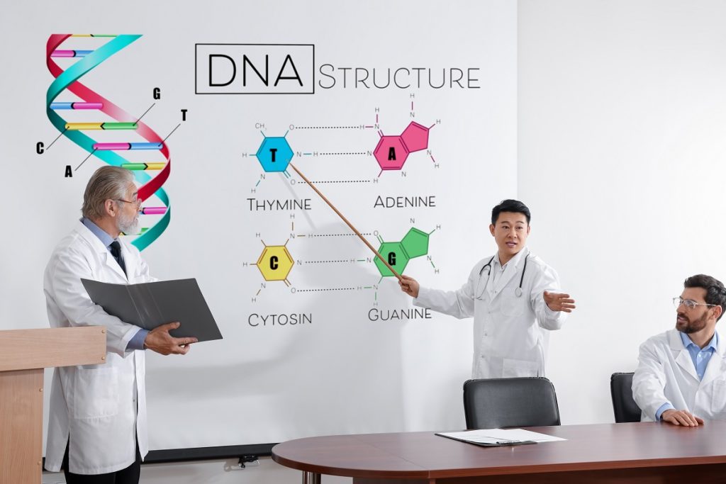 Scientist using DNA graphics as props