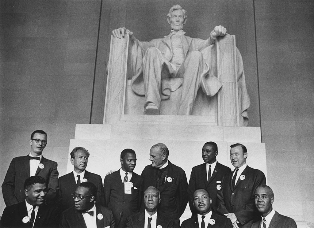 I Have a Dream Speech Quotes: Leaders of the March on Washington photographed in front of the statue of Abraham Lincoln on August 28, 1963